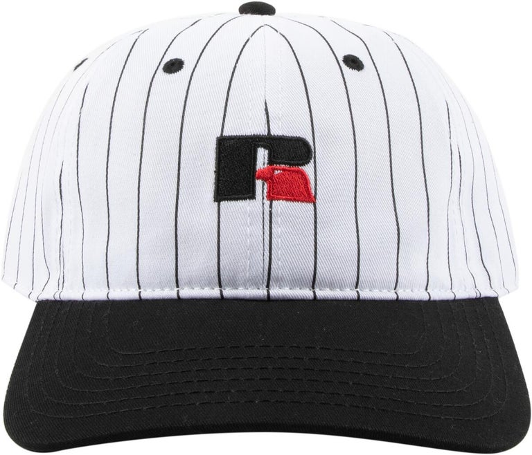 Russell Athletic ; stadium striped dad hat , blk/ offwht