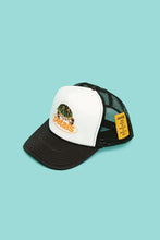 Load image into Gallery viewer, Petals and Peacocks ; kiss the frog trucker hat , blk/wht
