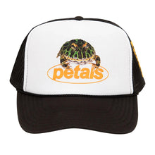 Load image into Gallery viewer, Petals and Peacocks ; kiss the frog trucker hat , blk/wht
