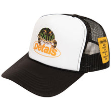 Load image into Gallery viewer, Petals and Peacocks ; kiss the frog trucker hat , blk/wht
