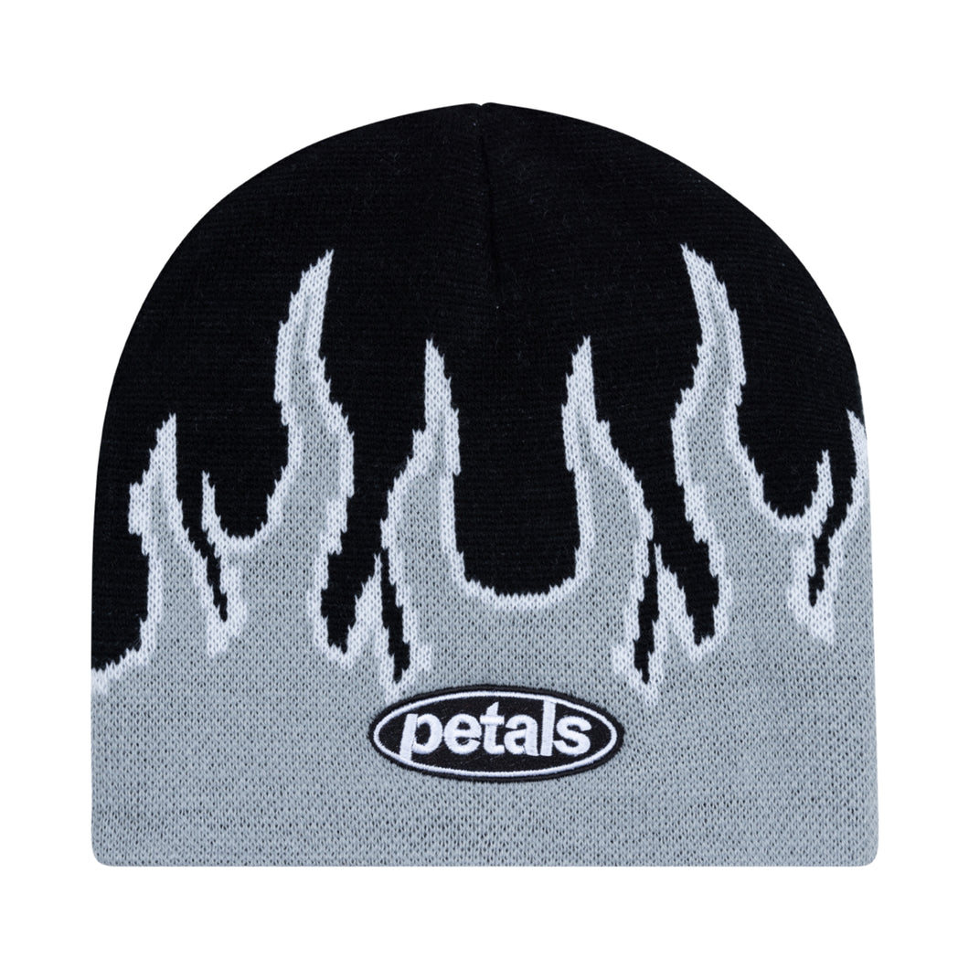 Petals and Peacocks ; Flames beanie , blk/grey