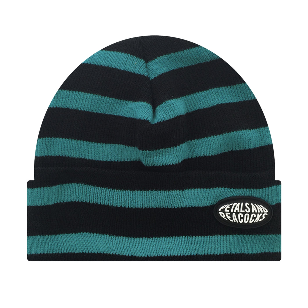 Petals and Peacocks ; striped beanie , teal blue